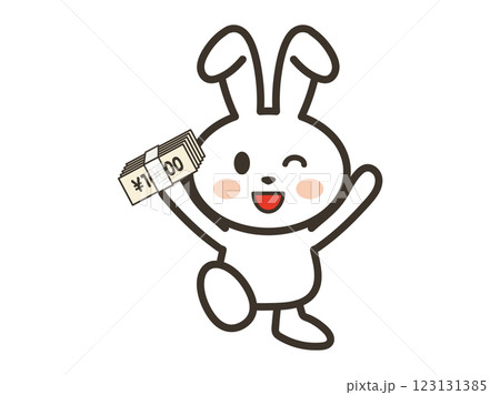 大金を手にして喜ぶかわいい白いうさぎさんのイラスト 123131385