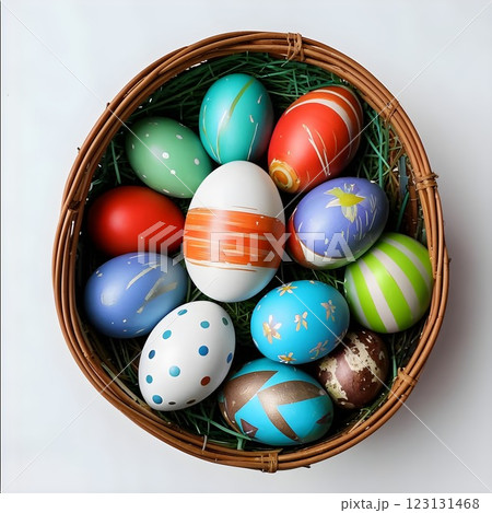 A wicker basket filled with colorful hand-painted Easter eggs featuring various designs, including stripes, polka dots, and floral patterns, resting on green artificial grass. 123131468