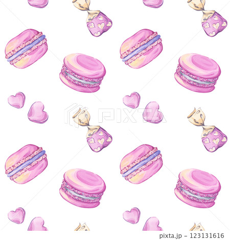 Pink macarons and candies. Confectionery seamless watercolor pattern in pink colors. Ideal for gift wraps, kitchen art, and design projects 123131616