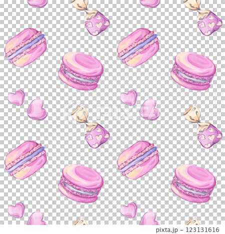 Pink macarons and candies. Confectionery seamless watercolor pattern in pink colors. Ideal for gift wraps, kitchen art, and design projects 123131616