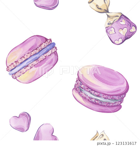 Pink macarons and candies. Confectionery seamless watercolor pattern in pink colors. Ideal for gift wraps, kitchen art, and design projects Pink macarons and candies. Confectionery seamless watercolor pattern in pink colors. Ideal for gift wraps, kitchen art, and design projects 123131617