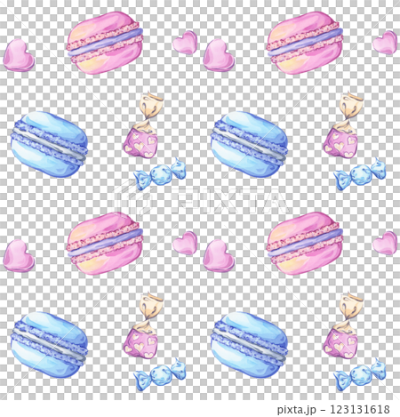 Macarons and candies in pastel blue and pink tones in a seamless watercolor pattern on a white background Macarons and candies in pastel blue and pink tones in a seamless watercolor pattern on a white background 123131618