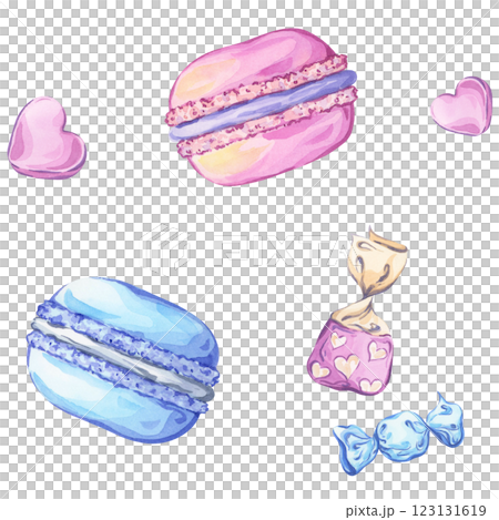 Macarons and candies in pastel blue and pink tones in a seamless watercolor pattern on a white background 123131619