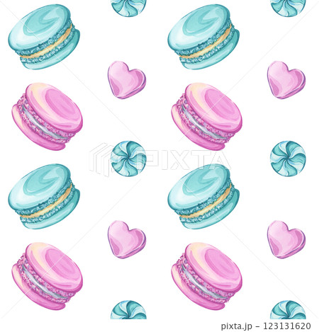 Macarons and candy, lollipops. Seamless watercolor pattern on a white background 123131620