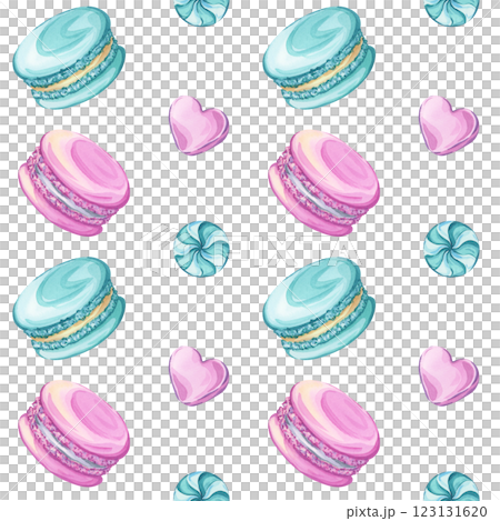 Macarons and candy, lollipops. Seamless watercolor pattern on a white background 123131620