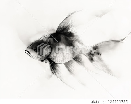 A minimalist black ink illustration of a goldfish, blending fine lines and soft watercolor textures A minimalist black ink illustration of a goldfish, blending fine lines and soft watercolor textures 123131725