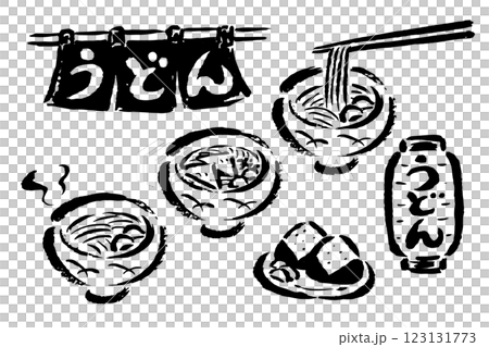 うどん・暖簾・提灯・おにぎり　筆タッチ単色線画セット 123131773