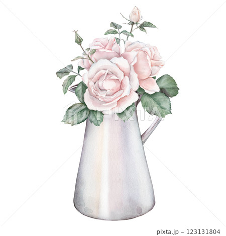 Watercolor composition from white cream roses and green leaves in jug and ribbon. Hand drawn illustration isolated white background. Element hand painted plant twigs with light pink rose for design 123131804