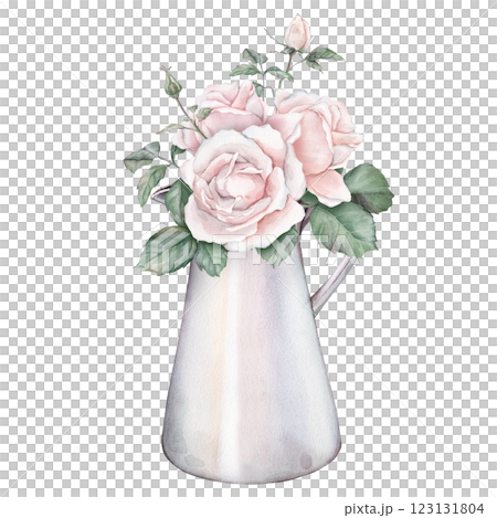 Watercolor composition from white cream roses and green leaves in jug and ribbon. Hand drawn illustration isolated white background. Element hand painted plant twigs with light pink rose for design 123131804