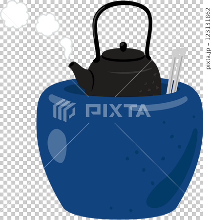 An iron kettle steaming in a brazier 123131862