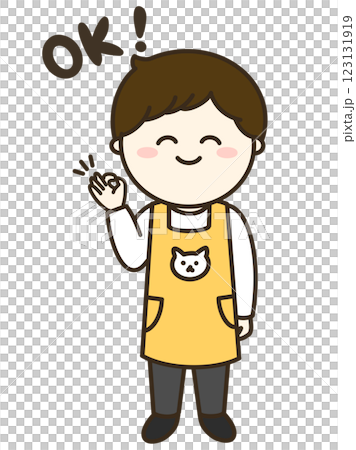 エプロンを着た男性がOKポーズをしているシンプルなイラスト イエロー系 エプロンを着た男性がOKポーズをしているシンプルなイラスト イエロー系 123131919