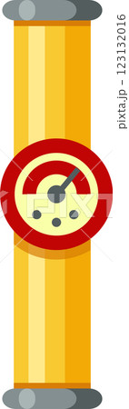 Yellow gas pipeline featuring gray metal flanges and a red manometer measuring pressure, presented as a flat vector illustration on a clean white background 123132016