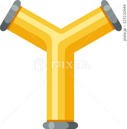 Y shaped yellow pipe connecting two pipelines, illustrating plumbing systems and water infrastructure with metallic connectors, isolated on a white background 123132044