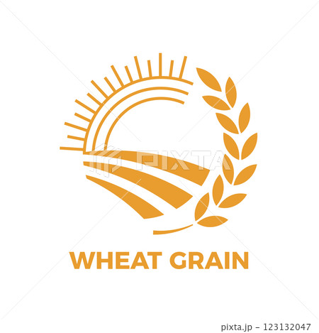 Stylized circular icon representing a wheat field under a shining sun, with grain stalks forming a decorative frame, symbolizing agriculture, farming, and the production of wheat grain Stylized circular icon representing a wheat field under a shining sun, with grain stalks forming a decorative frame, symbolizing agriculture, farming, and the production of wheat grain 123132047