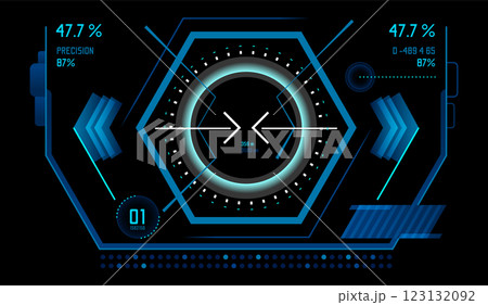 Futuristic heads up display interface showing data, statistics, target information, and percentage values, providing a glimpse into advanced technology and user interfaces Futuristic heads up display interface showing data, statistics, target information, and percentage values, providing a glimpse into advanced technology and user interfaces 123132092