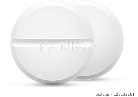 Two white round pills with a score line are lying on a white background, creating a simple yet effective representation of medicine and healthcare Two white round pills with a score line are lying on a white background, creating a simple yet effective representation of medicine and healthcare 123132161