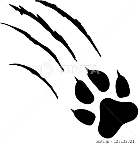 Illustration of a black paw print with claw marks ripping through a white background, creating a dramatic and evocative image of animal power and aggression 123132321