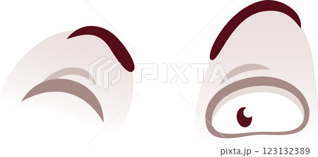 Stylized vector illustration of two cartoon eyes, one looking sideways and the other looking down, expressing suspicion, distrust, and skepticism, isolated on a white background 123132389