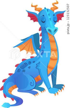 Cartoon blue dragon with vibrant orange horns, colorful wings, and playful stripes resting peacefully with closed eyes on a clean white background, exuding a calm and friendly vibe Cartoon blue dragon with vibrant orange horns, colorful wings, and playful stripes resting peacefully with closed eyes on a clean white background, exuding a calm and friendly vibe 123132507