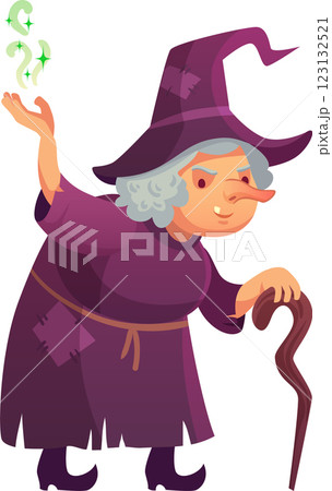 Cartoon illustration featuring an old Halloween witch dressed in a vibrant purple gown and matching hat, casting a magical spell with her wand and hand amidst swirling green smoke Cartoon illustration featuring an old Halloween witch dressed in a vibrant purple gown and matching hat, casting a magical spell with her wand and hand amidst swirling green smoke 123132521