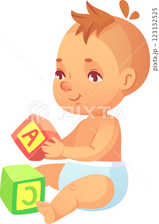 Cute baby wearing diaper sitting and playing with alphabet blocks, learning letters and developing fine motor skills, educational toys for infants Cute baby wearing diaper sitting and playing with alphabet blocks, learning letters and developing fine motor skills, educational toys for infants 123132525
