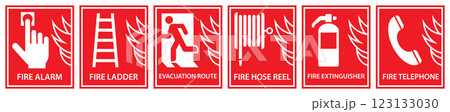 Fire action sign set. Safety warning fire department icons. Fire safety labels Fire action sign set. Safety warning fire department icons. Fire safety labels 123133030
