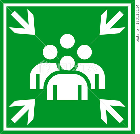 Emergency evacuation assembly point sign. Assembly point icon. Evacuation plan. Emergency evacuation assembly point sign. Assembly point icon. Evacuation plan. 123133114