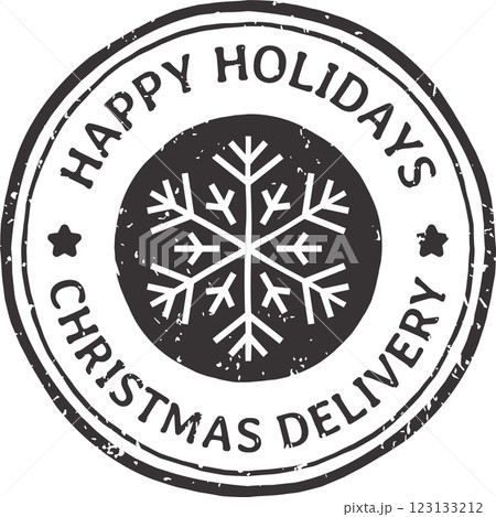 Round, grunge style rubber stamp featuring the text Happy Holidays alongside a festive snowflake icon, creating a cheerful winter themed vector illustration perfect for Christmas delivery 123133212