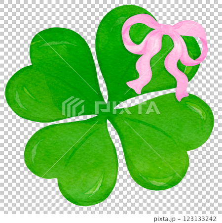 Green 4 Leaf Clover with Ribbon Bow Watercolor vibrant Green 4 Leaf Clover with Ribbon Bow Watercolor vibrant 123133242