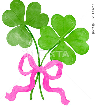 Coquette Four Leaf Clover with Ribbon Bow  Retro St Patrick  Watercolor 123133244