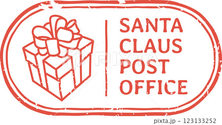 Oval shaped red grunge rubber stamp with Santa Claus post office writing and christmas gift box drawing with ribbon, isolated on white background Oval shaped red grunge rubber stamp with Santa Claus post office writing and christmas gift box drawing with ribbon, isolated on white background 123133252