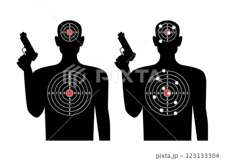 Black target for shooting with bullet holes. Human silhouettes with gun, competition score. Bullet holes. Goals practice on rifle range. Sport and military training. Isolated vector concept 123133304