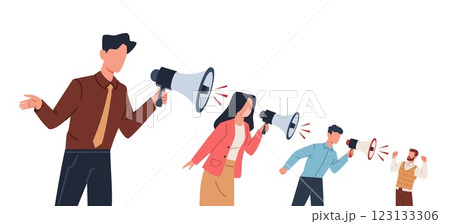 Bosses yell at subordinates. Manager yelling and bullying employee with megaphone. Conflict at work. Aggressor and victim. Hate speech at work. Cartoon flat isolated vector concept Bosses yell at subordinates. Manager yelling and bullying employee with megaphone. Conflict at work. Aggressor and victim. Hate speech at work. Cartoon flat isolated vector concept 123133306