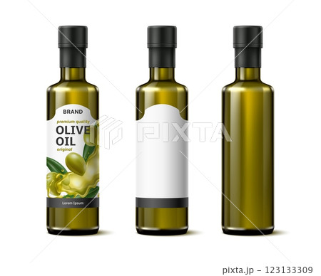 Bottle olive oil with and without label. Realistic isolated element. Mediterranean food. Packaging design, 3d blank emblem mockup. Culinary greek product. Advertisement cooking vector concept 123133309