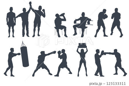 Boxer silhouette set. Professional boxers, men sparring, sport championship and competition. Kickboxing tournament. Strong fighter in gloves. People athlete. Vector isolated set 123133311