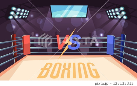 Boxing ring. Competition or tournament banner background. Empty auditorium, vs fighting arena. Professional sport. Playground and fences on spotlight. Cartoon flat isolated vector concept 123133313