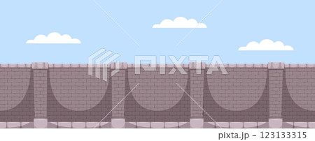 Brick wall. Facade of castle or old palace. Stone pattern and blue sky with clouds. Concrete and clay. Building material. Graphic background design. Cartoon flat isolated vector concept 123133315