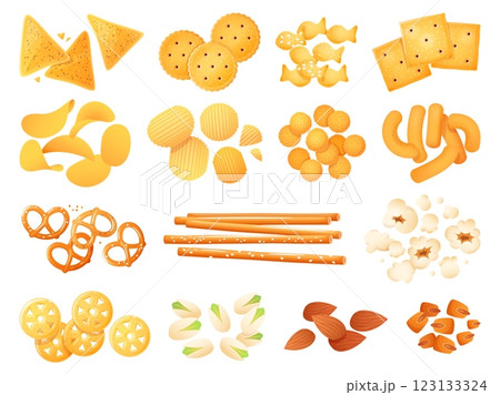 Cartoon salty snacks. Crunchy crackers, chips, nachos and pretzels, dry appetizers for beer, unhealthy crispy baked food, pistachio almond and popcorn, isolated element, vector set 123133324