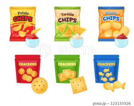 Cartoon snack packs. Bags of chips and crackers, dry appetizers for beer, potato, embossed, nachos, different types of sauces assortment, colorful packaging, unhealthy meal vector isolated set 123133326