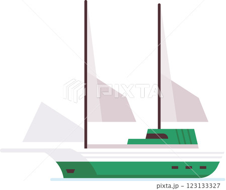 Green and white sailboat sailing the ocean with sails unfurled, enjoying a peaceful journey on the water, perfect for travel and leisure concepts 123133327