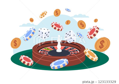 Casino concept. Roulette wheel and flying chips with poker symbol, golden coins falling. Gambling equipment. Fortune and lucky game, winning money. Cartoon flat isolated vector concept 123133329