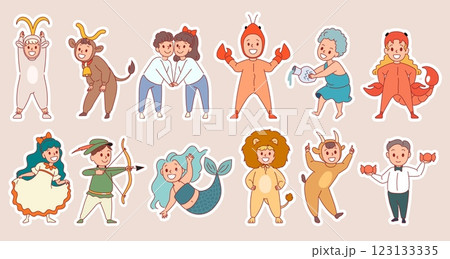 Children zodiac signs. Cute kids horoscope, funny astrology for babies, little aries, taurus, gemini, cancer, leo and virgo, astrological costumes cartoon flat isolated drawing vector set 123133335