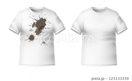 Clean and dirty shirt. Realistic isolated elements. New white t-shirt and old with stains. 3d blank casual clothing, soiled and tidy washed cotton garment. Detergent marketing. Vector concept 123133339