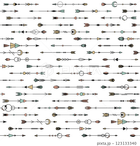 Decorative arrows seamless pattern. Repeated tribal native american elements, different plumage, ethnic ornaments. Decor textile, wrapping, wallpaper. Print for fabric, tidy vector background 123133340