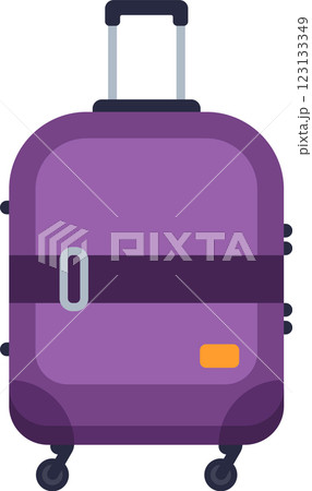 Purple rolling suitcase with dark purple horizontal stripe and orange label, ready for business trip or vacation, isolated on white background 123133349