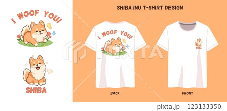 Funny dog t shirt print. Fluffy shiba inu pet character, happy animal mascot, clothes design, cartoon kawaii akita puppy, comic isolated illustration on realistic mockup, tidy vector concept 123133350