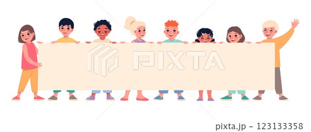 Funny little children holding big blank poster. Happy boys and girls with long paper sheet, cute kids with empty board, showing placard or billboard, vector cartoon flat isolated concept 123133358
