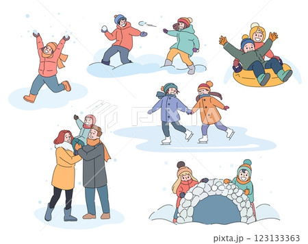 Happy children walk in winter. Snowy funny games, outdoor activities, family entertainments, snowballs, ice skating, ice cave, cartoon flat isolated illustration, vector cold season leisure set Happy children walk in winter. Snowy funny games, outdoor activities, family entertainments, snowballs, ice skating, ice cave, cartoon flat isolated illustration, vector cold season leisure set 123133363