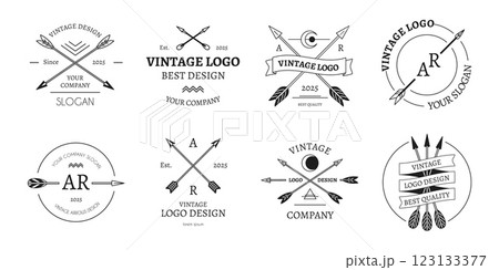 Hipster arrows labels. Monochrome emblems templates, vintage stickers with native american decorative elements, boho design, retro company logo, emblem or badge, tidy vector isolated set 123133377