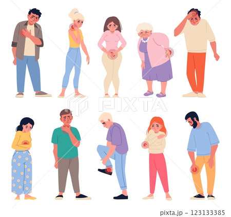 Sad people suffering pain. Different kind of pain, unhappy men and women, painful body points, joints, head, heart, red tags, painkiller advertising, cartoon flat isolated vector set Sad people suffering pain. Different kind of pain, unhappy men and women, painful body points, joints, head, heart, red tags, painkiller advertising, cartoon flat isolated vector set 123133385